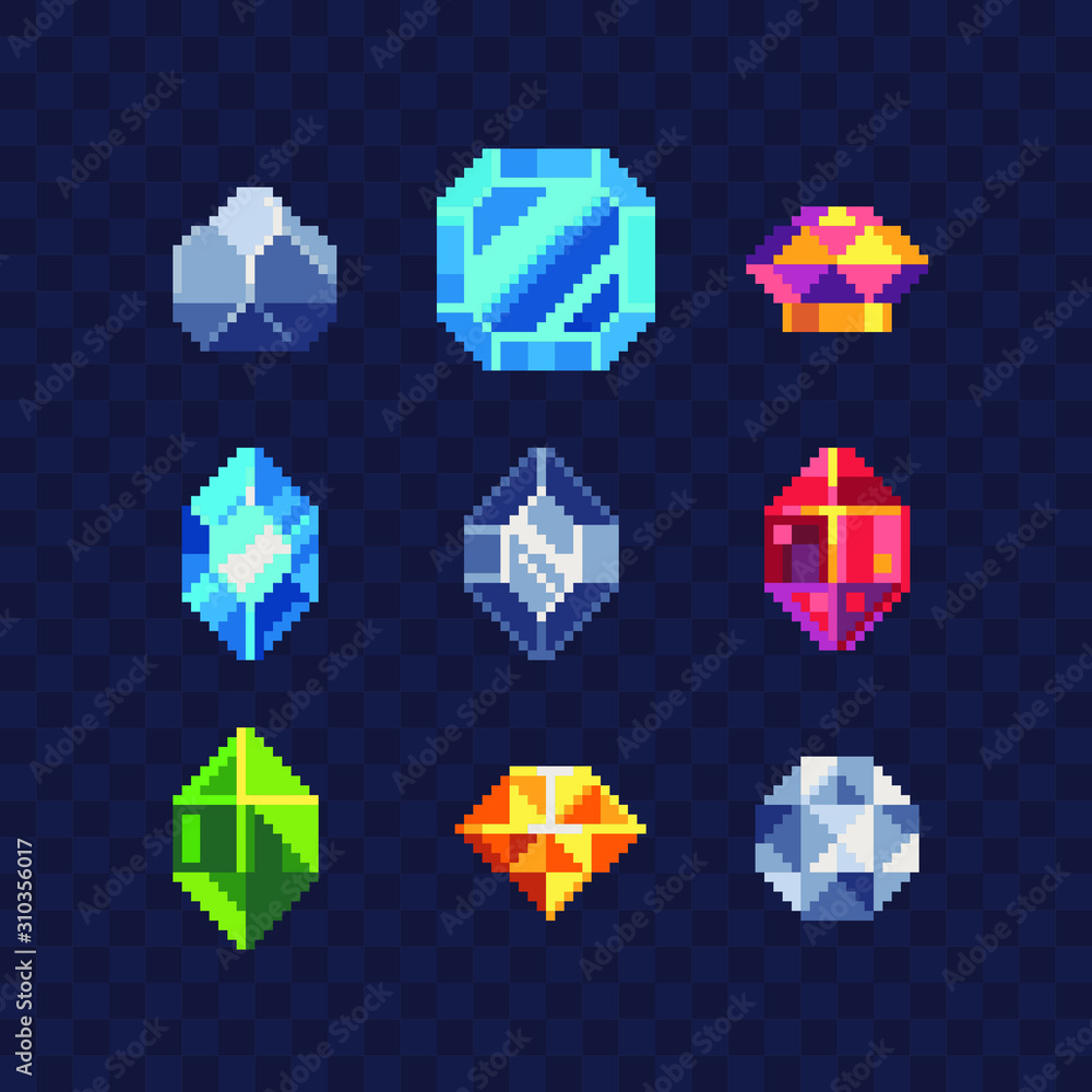 Precious stone pixel art icons set. Diamond, ruby, sapphire, topaz and