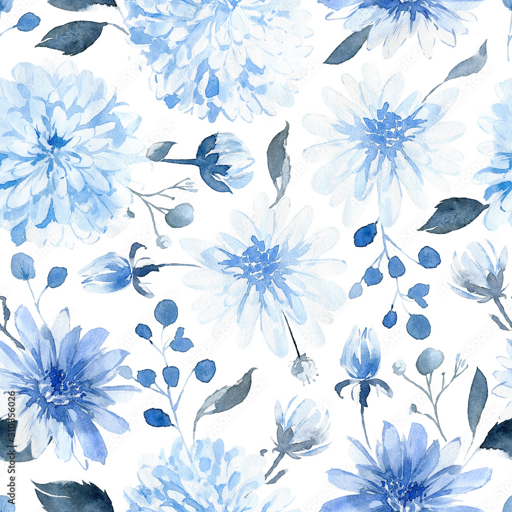 Fototapeta Watercolor seamless pattern with black and blue plants