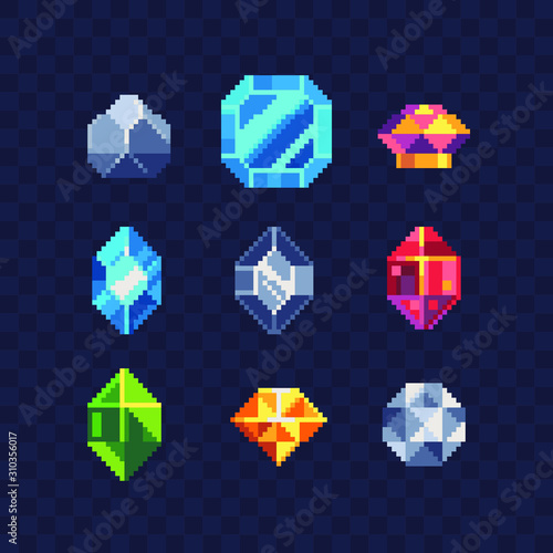 Precious stone pixel art icons set. Diamond, ruby, sapphire, topaz and emerald gemstone. Isolated vector illustration. Game assets 8-bit sprite. Design stickers, logo for jewelry store, mobile app.