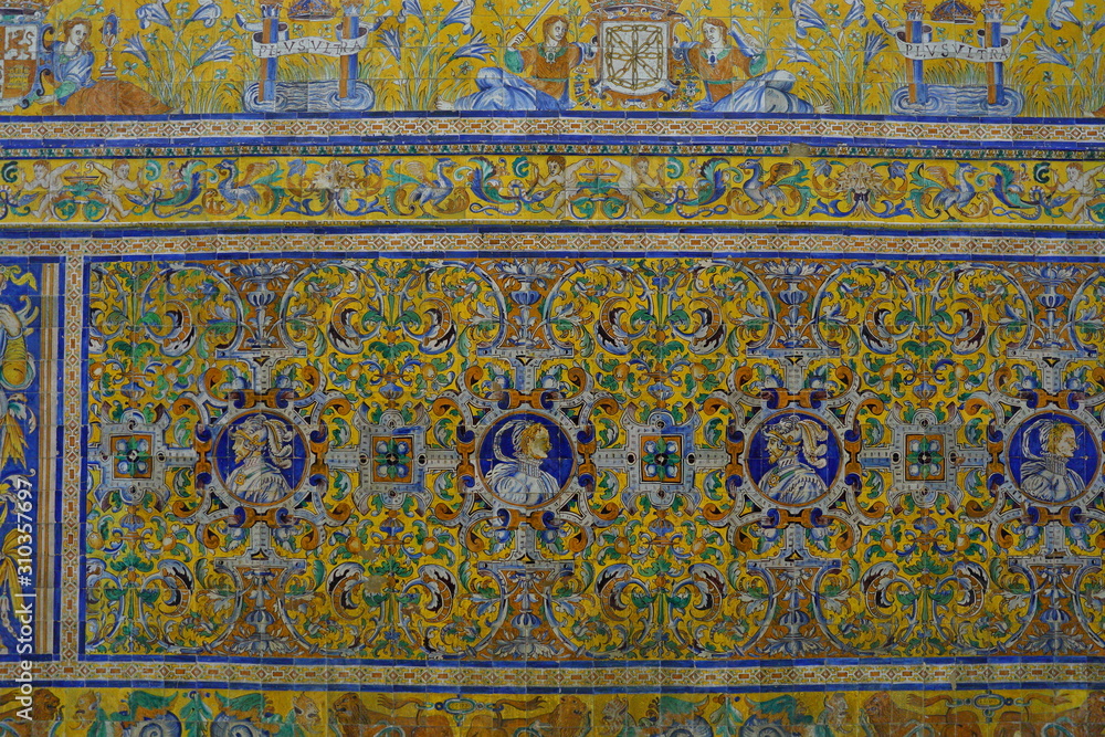 Detail of traditional tiles on facade in Seville Spain Detail of traditional tiles on facade in Seville Spain