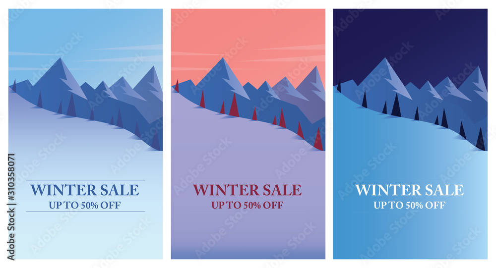 Winter mountain landscape at sunrise, sunset and night. Winter Sale Season banners set template vector illustration