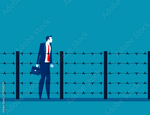 Man and fence barbed wire. Concept business trapped vector illustration, Business cartoon design