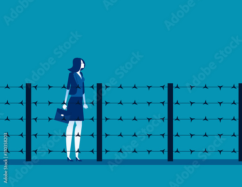 Woman and fence barbed wire. Concept business trapped vector illustration, Business cartoon design
