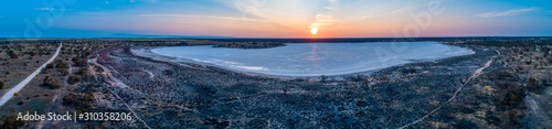 Sunset over salt lake Crosbie in Australia - aerial panorama