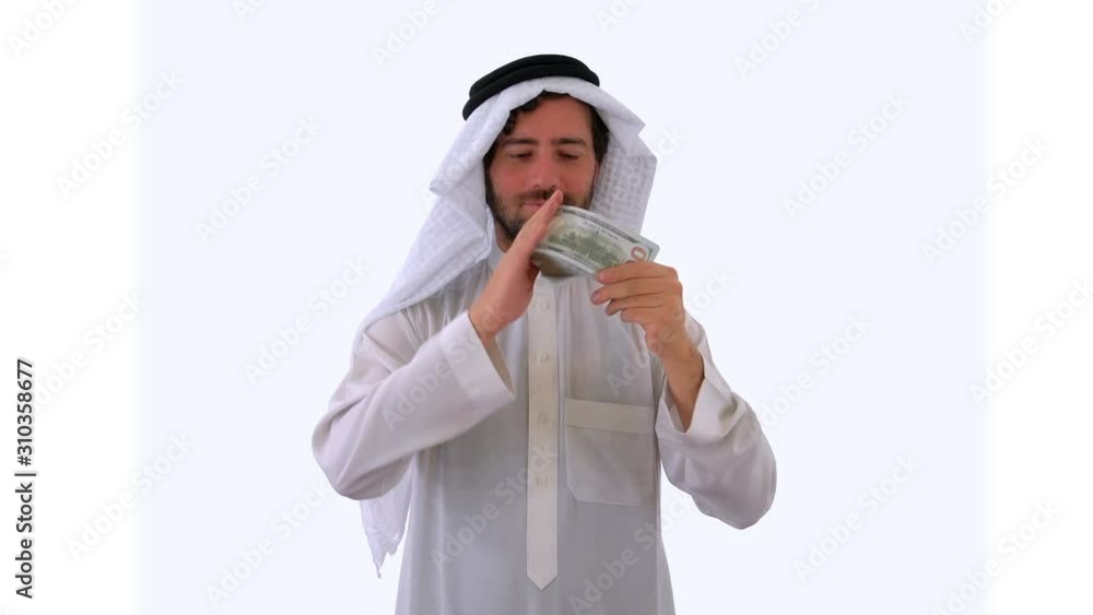 Saudi Arabian Man Showing Bunch of USD Dollar Money, Studio
