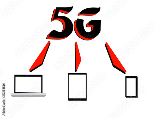 Icon of smartphone, laptop and tablet 5G on an white background. Mobile network of the fifth generation. Vector illustration.