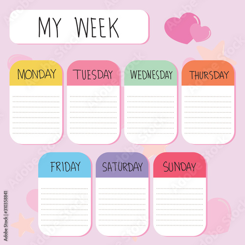 Cute colorful weekly planner note on pink background. Cute sticky note papers.