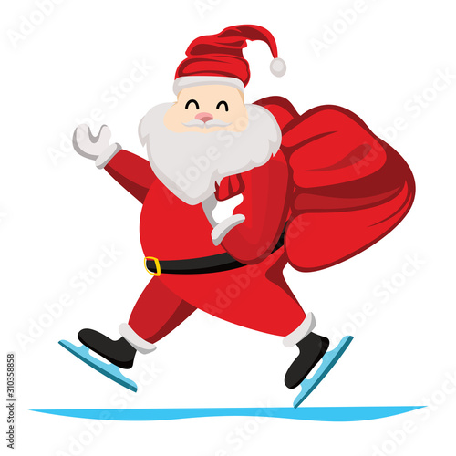 Santa Claus is ice skating to give away gifts to people on a white background.