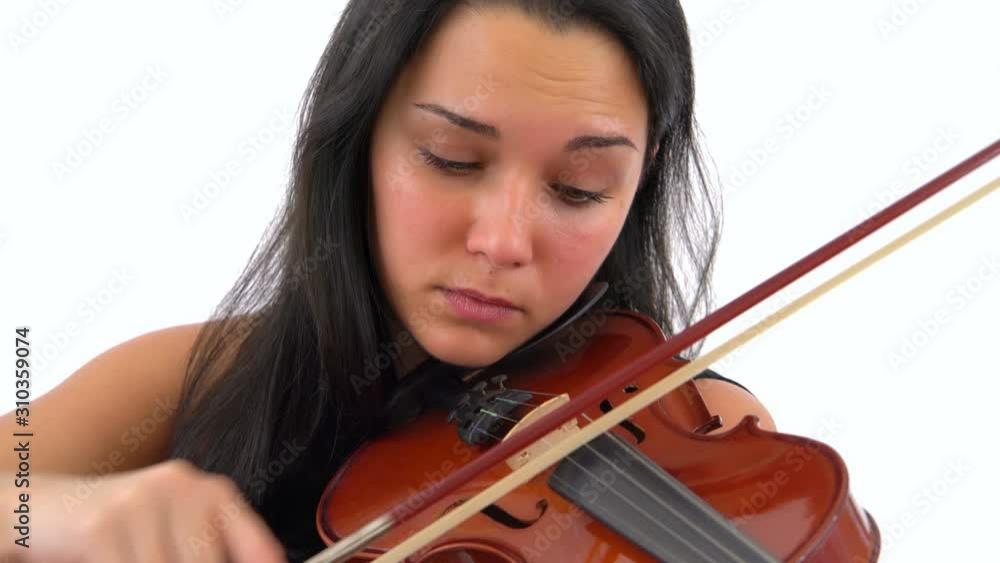 Woman Playing Fiddle Violin Musical Instrument in Studio, Close Up Woman Playing Fiddle Violin Musical Instrument in Studio, Close Up