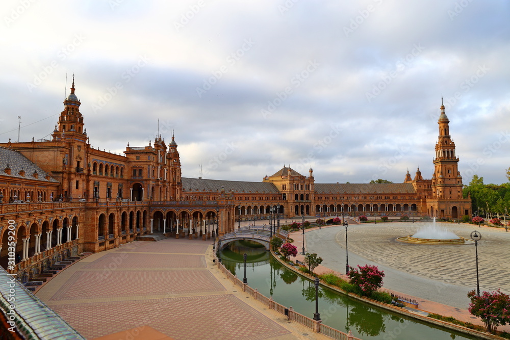 Scenic view of Beautiful architecture Plaza de Espana (Spainish Square) in Maria Luisa Park, Seville, Spain.