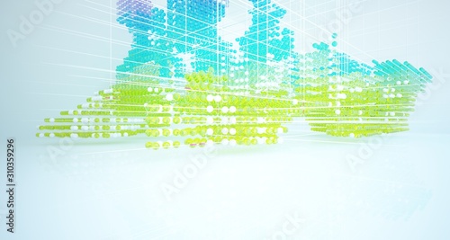 Abstract white interior from array colored gradient glasses spheres with large window. 3D illustration and rendering.