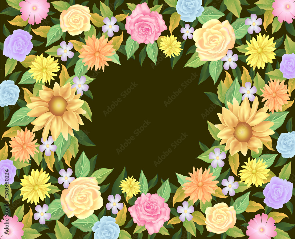 Floral frame template decoration, Rose flowers with leaves