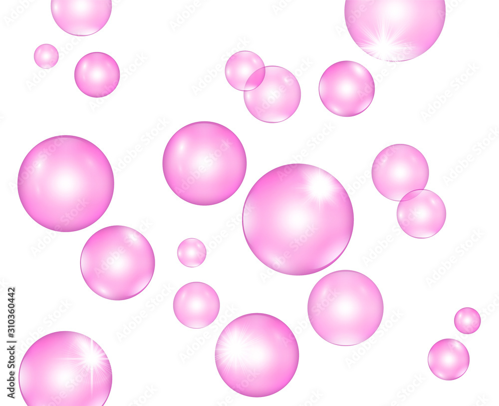 Pink shampoo bubbles vector, soft glow floating up transparent glossy spheres isolated on white background. Bright joyful fairy tale design, illustration for kids party banner, poster, game app.