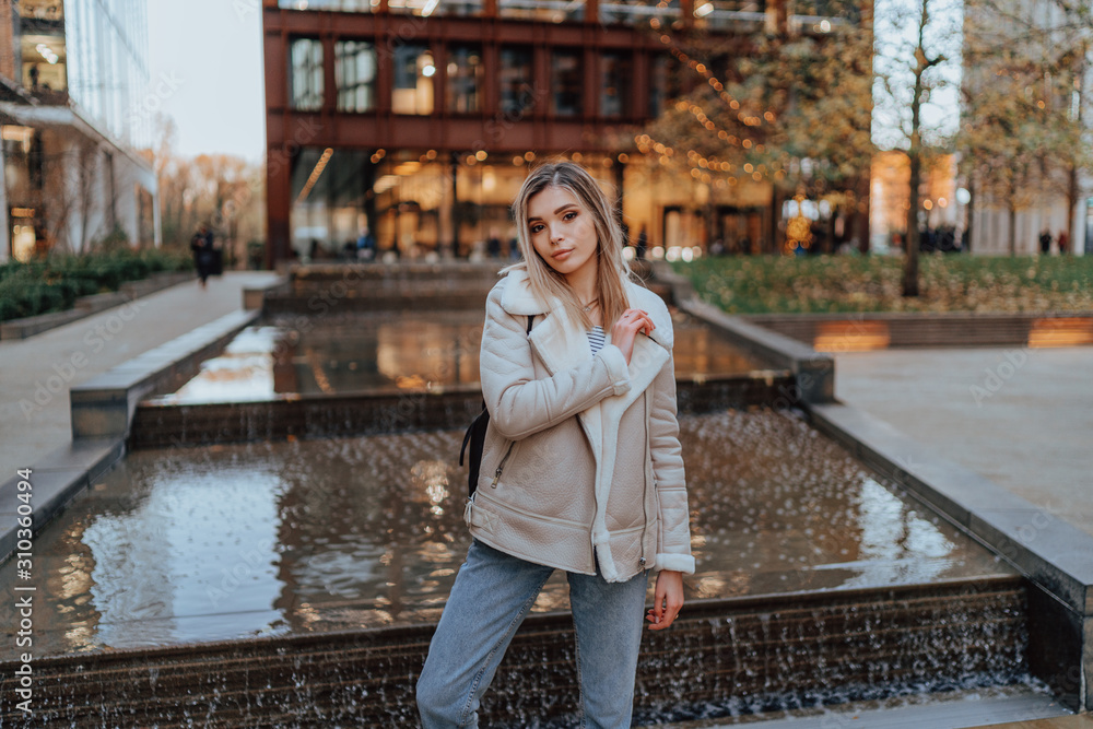 Obraz premium Portrait of Charming Young Blonde Girl, Fashion Street Style