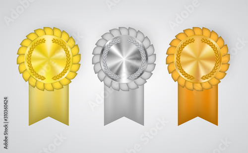 Set of winner metallic medals with  ribbons and engraved wreathes. Vector seals, symbols of achievement, success, respect, championship. Honorable prize, award ceremony concept, victory symbol.