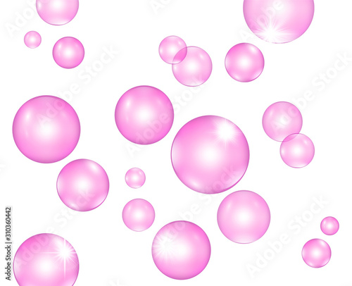 Pink shampoo bubbles vector, soft glow floating up transparent glossy spheres isolated on white background. Bright joyful fairy tale design, illustration for kids party banner, poster, game app.