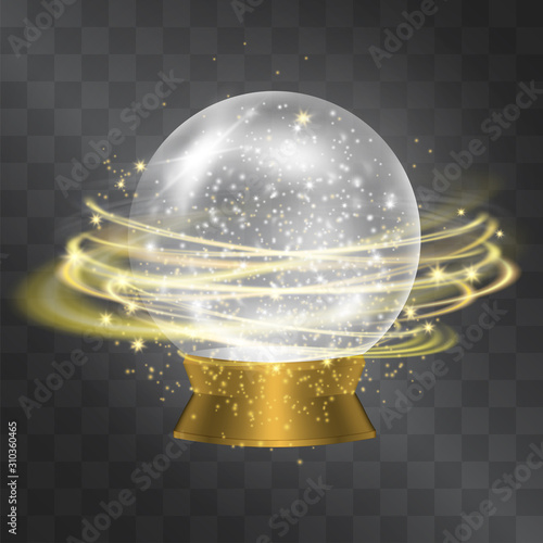 Vector magical crystal sphere, glass winter globe full of sparkles and snowflakes for winter, Christmas mood. Glowing ball with golden swirls around. Classic present, gift to keep special memories.