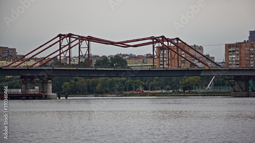 Modern metal bridge on Moscow river close up, Nagatino district photo