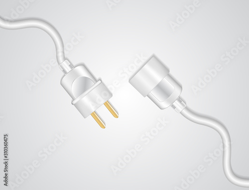 Electrical cable, socket and plug 3d isolated on white background. Household appliance banner, gadgets and devices functionning banner. Out of order or 404 error problem. Deactivation concept.