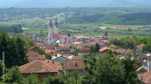 Prizren City Aerial cityscape and church tower of Kosovo, Macedonia photo