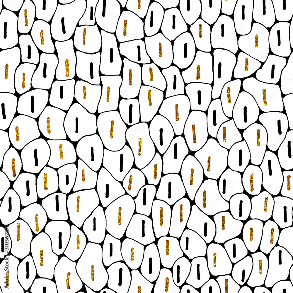 Obraz premium Seamless pattern with abstract gold simple elements, mosaic on a white background. Hand drawn doodle illustration with lines. Design template, fabric, wallpaper, cover, packaging, wrapper, print.