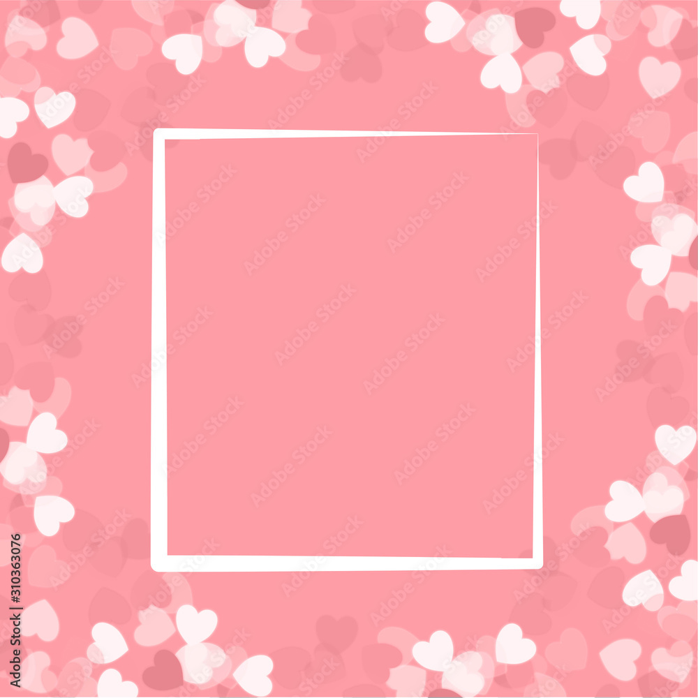 White and pink hearts abstract confetti background with a white text frame in the center