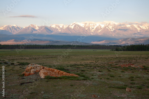 altai snow mountain and steppe forest photo