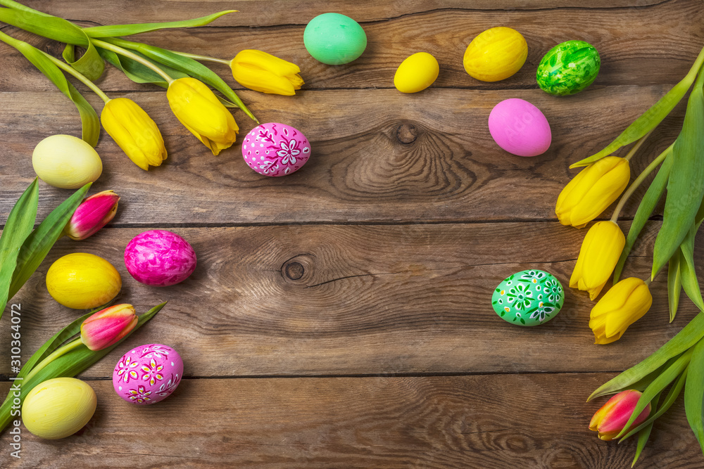 Easter rustic background with floral decorated eggs Easter rustic background with floral decorated eggs