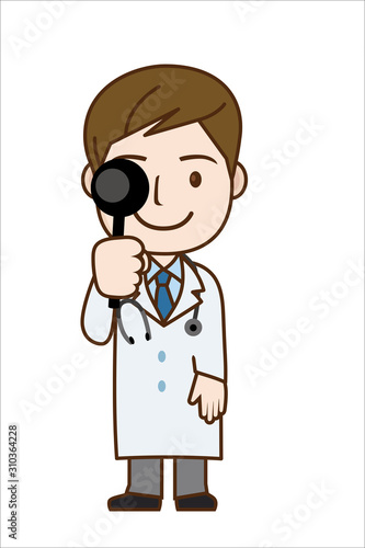 視力検査をする医師のイラスト｜片目を隠すポーズ　全身｜Illustration of doctor