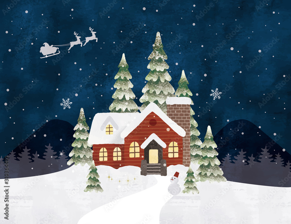 クリスマスの家と雪水彩 クリスマスの家と雪水彩