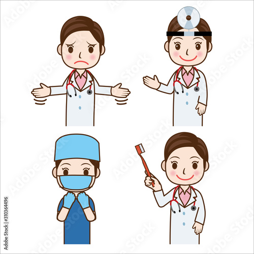 女性医師のポーズイラストセット　上半身｜耳鼻科医・手術着・困惑・歯ブラシ｜Illustration of doctor