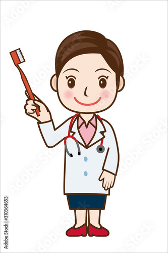 歯ブラシを持った笑顔の女性医師のイラスト｜女医・歯科衛生士　歯磨き指導　全身｜Illustration of doctor
