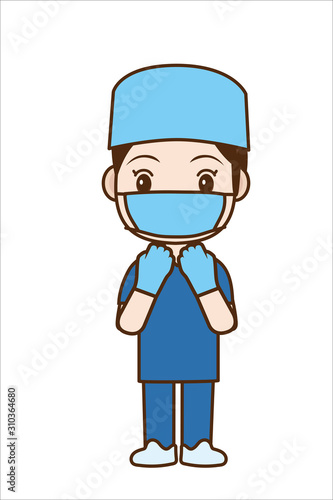 手術着を着た女性医師のイラスト｜女医・青い手術着とマスク　全身｜Illustration of doctor