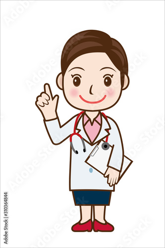 指差しをするカルテを持った笑顔の女性医師のイラスト｜女医　全身｜Illustration of doctor