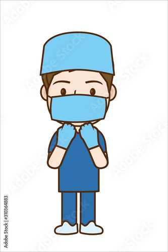 手術着を着た男性医師のイラスト｜青い手術着とマスク　全身｜Illustration of doctor