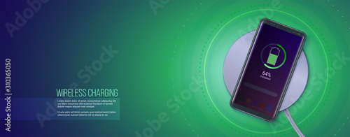 Concept of wireless charging technology. Top view, flat lay. Battery icon and progress charging the battery of the phone lighting on screen of smartphone. 3d vector illustration, EPS10.