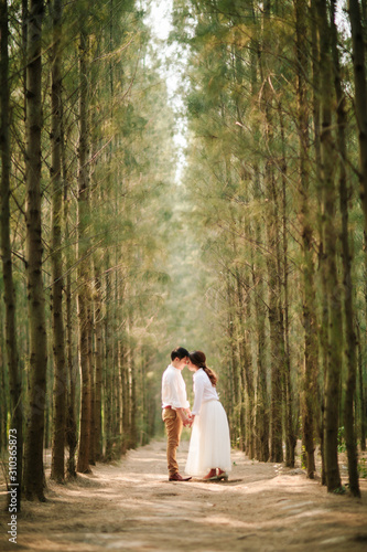 Young asian groom and bride posing and smiling for pre-wedding shot
