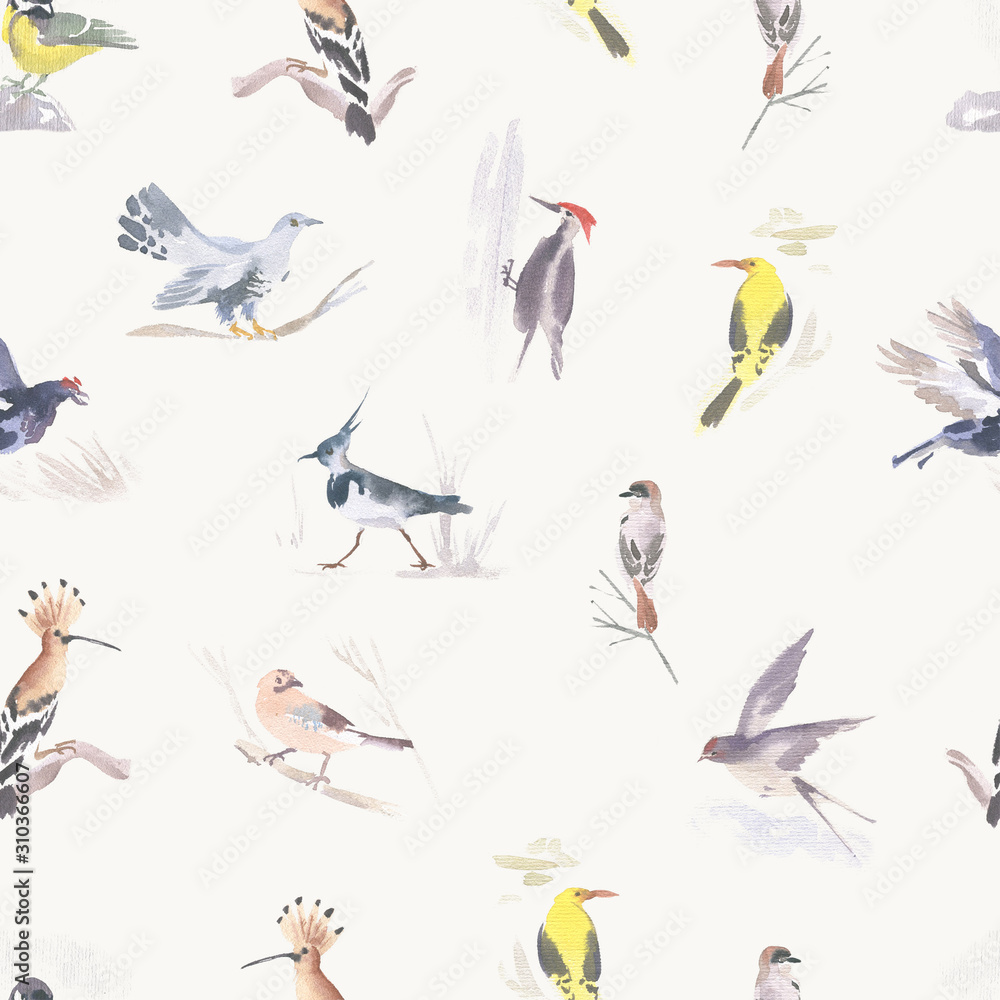 Watercolor seamless pattern with different birds. Hand drawn illustration. Watercolor seamless pattern with different birds. Hand drawn illustration.