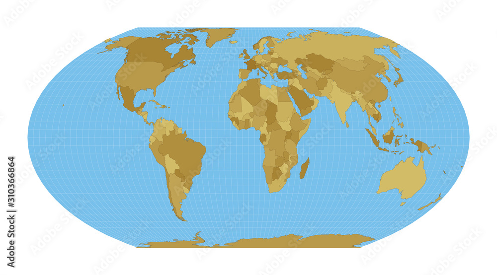 World Map. Wagner IV projection. Map of the world with meridians on blue background. Vector illustration.