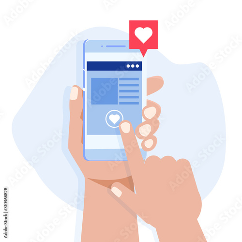 Flat design of social networking success and appreciation concept vector illustration. The hand holds the smartphone, attracting likes, hearts. Marketing in social networks in business