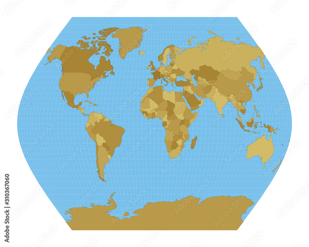 World Map. Ginzburg VIII projection. Map of the world with meridians on blue background. Vector illustration.