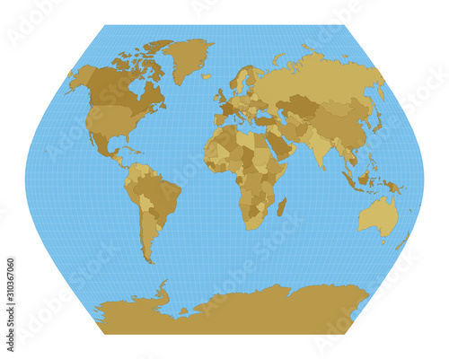 World Map. Ginzburg VIII projection. Map of the world with meridians on blue background. Vector illustration.