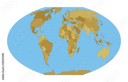 World Map. McBryde-Thomas flat-polar quartic pseudocylindrical equal-area projection. Map of the world with meridians on blue background. Vector illustration.