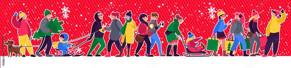 Christmas Rush. Festive teenagers with shopping bags , adults with kids. Christmas Rush. Festive teenagers with shopping bags , adults with kids.
