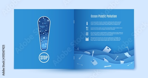 Papercut stop ocean plastic pollution blue flyer template. Sample environmental booklet with the cutout in the form of an exclamation mark. Sea waves waste in paper cut style. Vector ecological poster