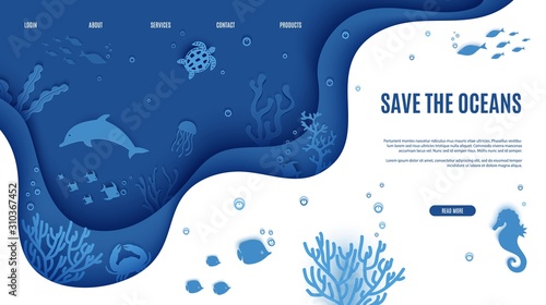 Web page design template in paper cut style underwater ocean underwater view through cave porthole. Coral reef seabed fish in algae waves. Vector paper craft diving World Water Day website concept.