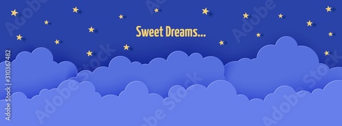 Night sky in paper cut style. 3d background with dark cloudy landscape with stars and moon papercut art. Cute cardboard origami clouds. Vector card for wish good night sweet dreams.