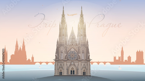 Trip to Prague banner. Landmark of Prague St. Vitus Cathedral. Well suited for travel advertising, travel posters, postcards and souvenirs. Vector Travel Banner