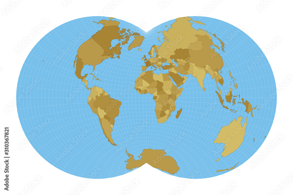 World Map. Nicolosi globular projection. Map of the world with meridians on blue background. Vector illustration.