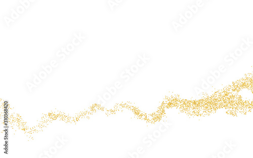 Horizontal wavy strip sprinkled with crumbs golden texture. Background Gold dust on a white background. Sand particles grain or sand. Vector backdrop golden path pieces grunge for design illustration